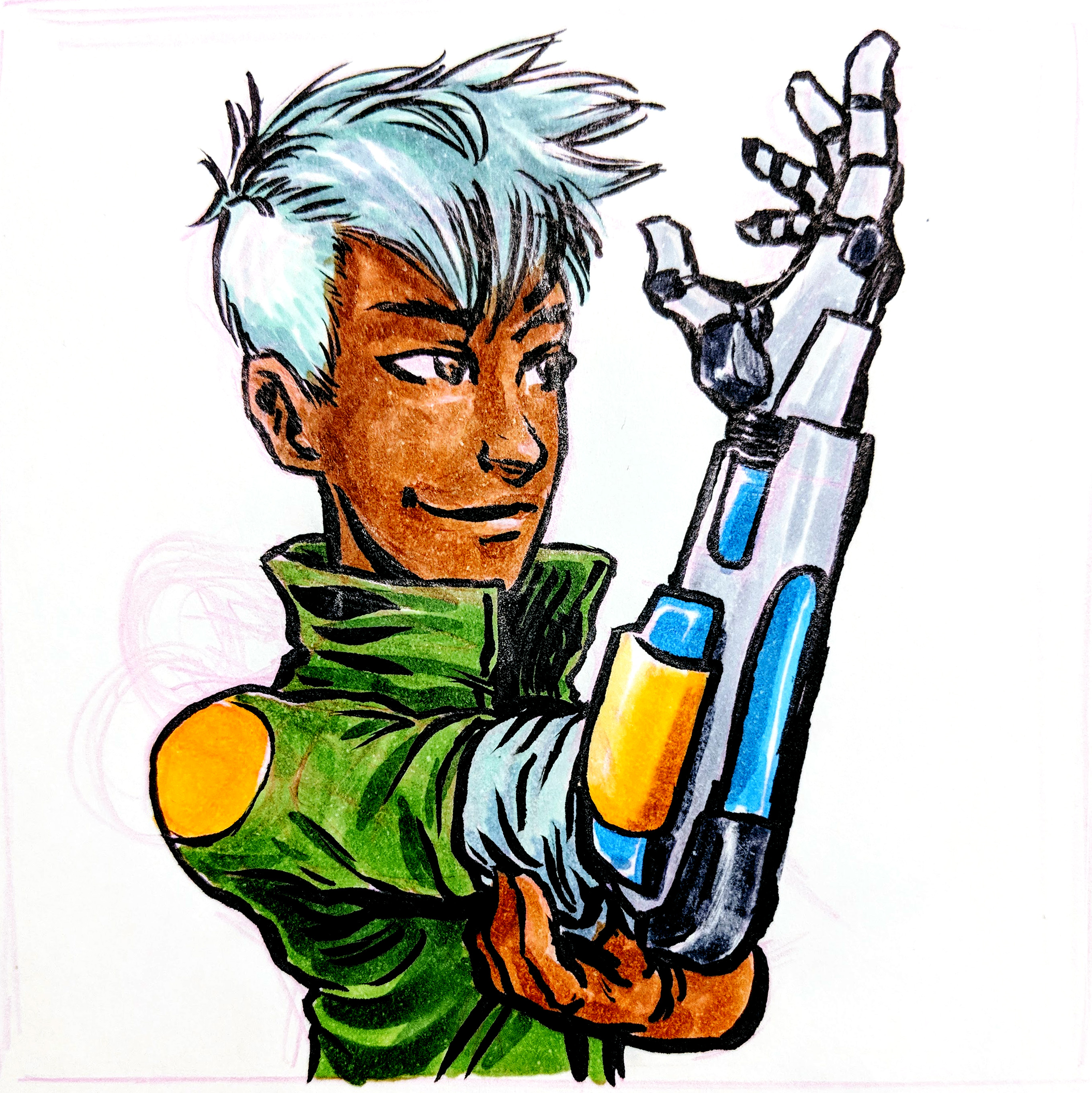 A character looking at their fancy mechanical arm and hand prosthetic