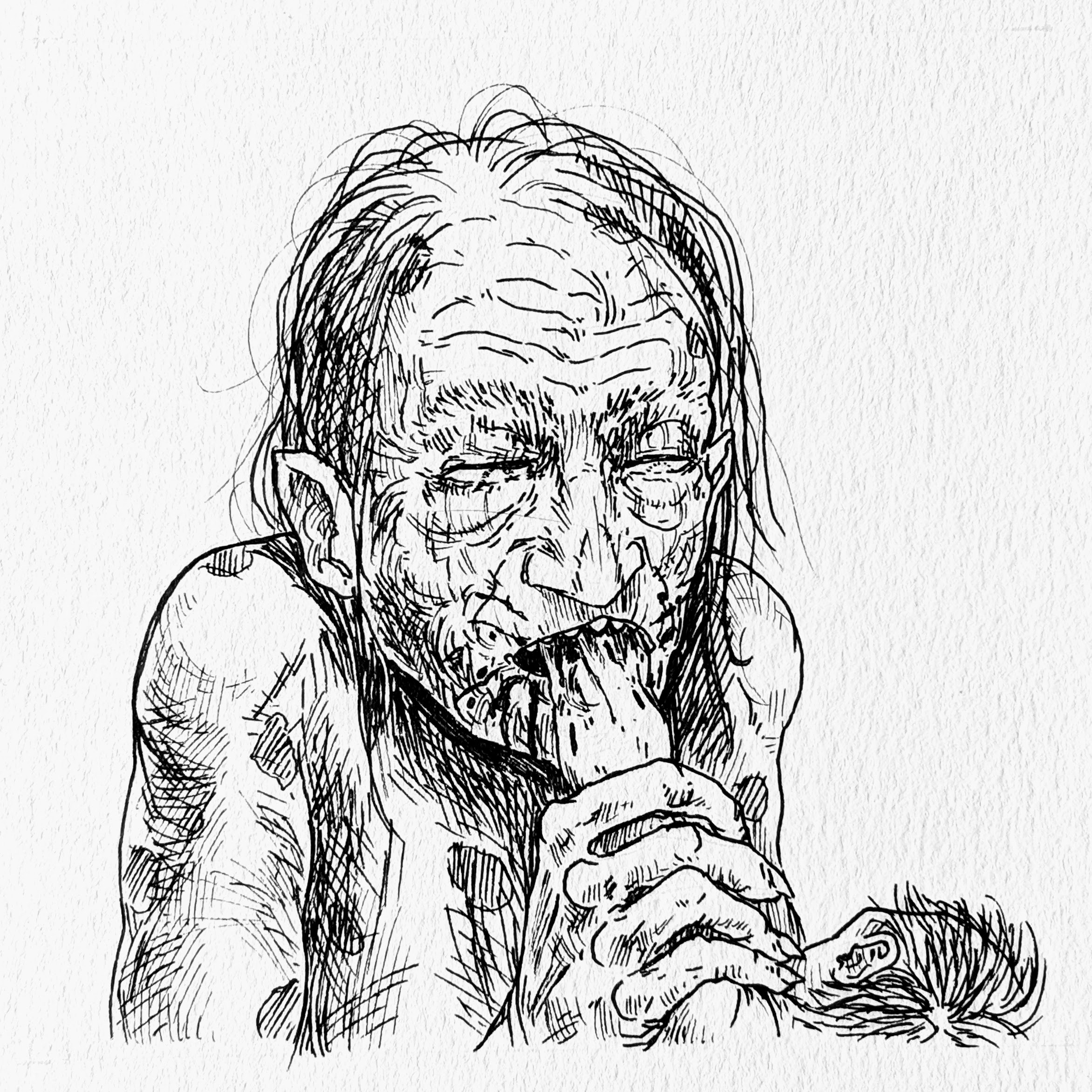 An old, balding hag eats a baby's arm, a reference to de Goya's 'Saturn Devouring His Son'