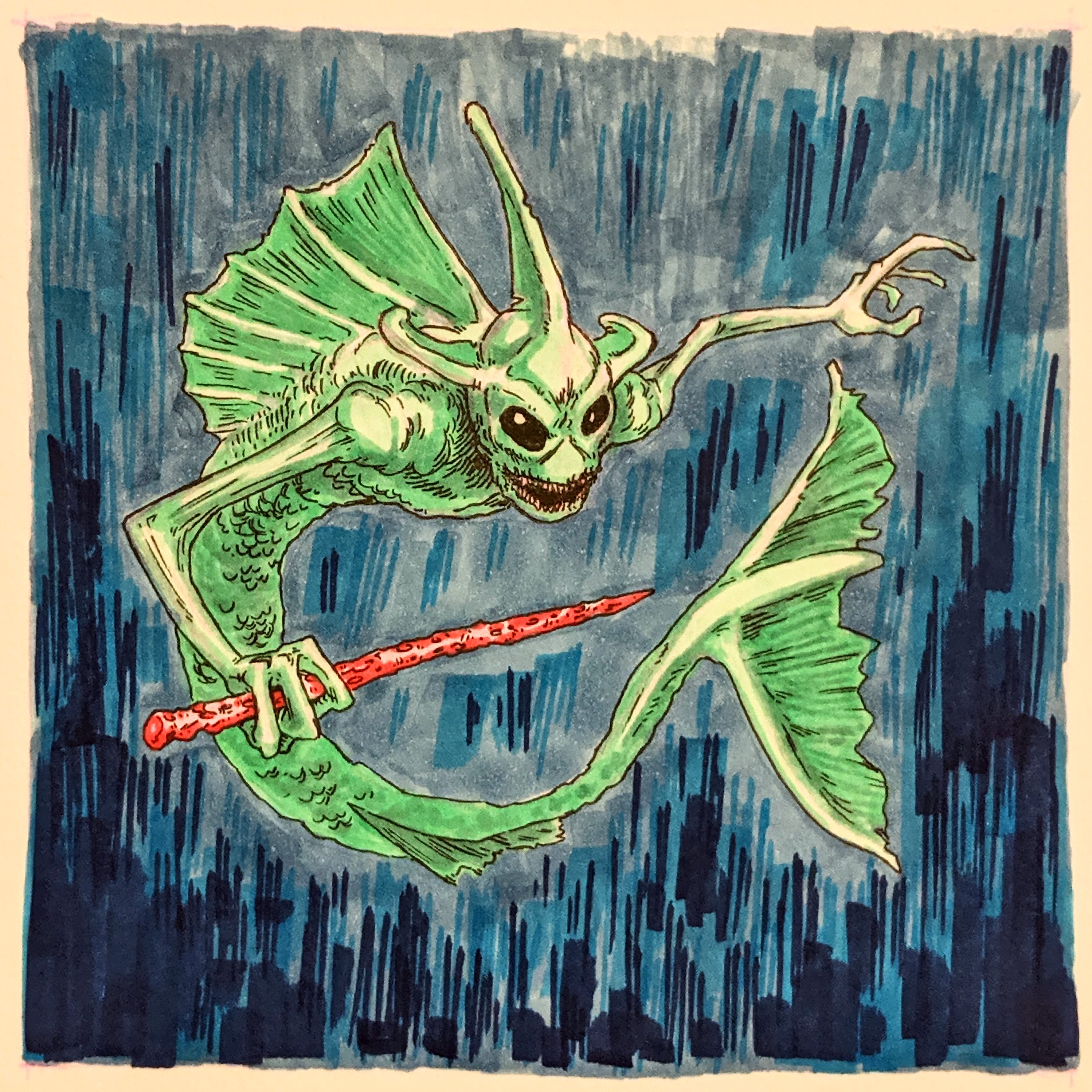 A sea witch with a red coral wand