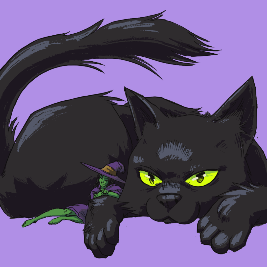 A gigantic black cat with a witch snuggling into its side