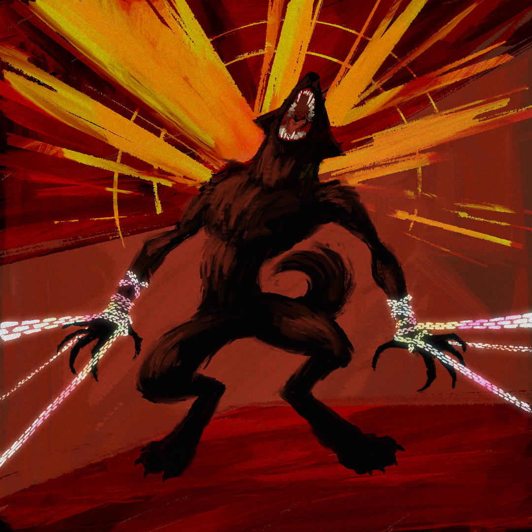 A howling werewolf rearing back and pulling against its chains